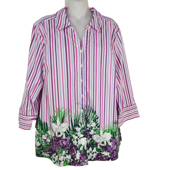 Denim & Co. Tunic Shirt XL Printed Button Front Flip Cuff Striped Purple A378276 - Picture 1 of 10